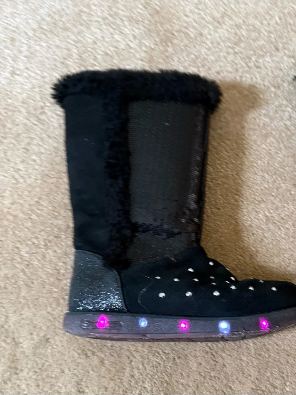 Kids Sketcher Black Sparkly Winter Boots with Faux Fur